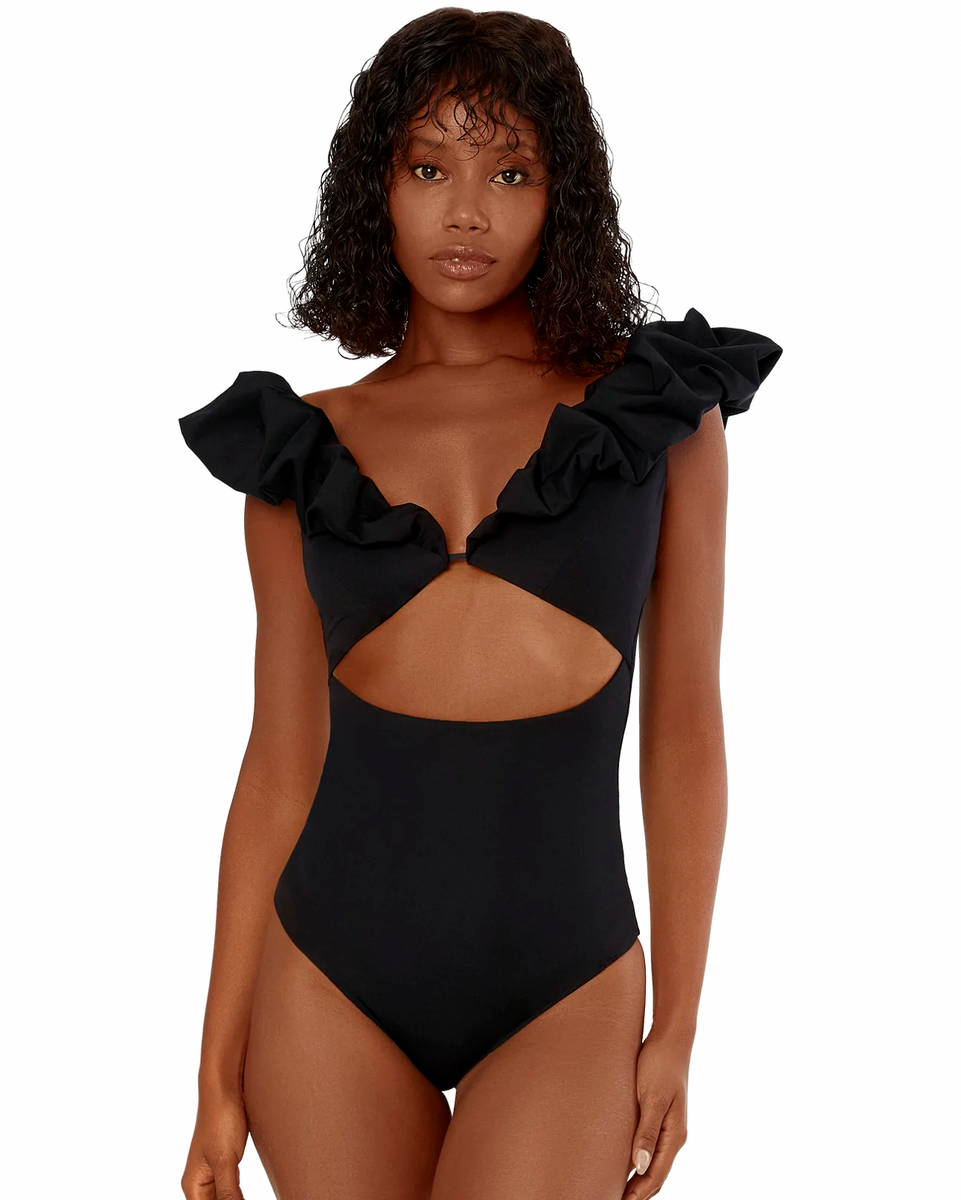 Black ruffle sale one piece